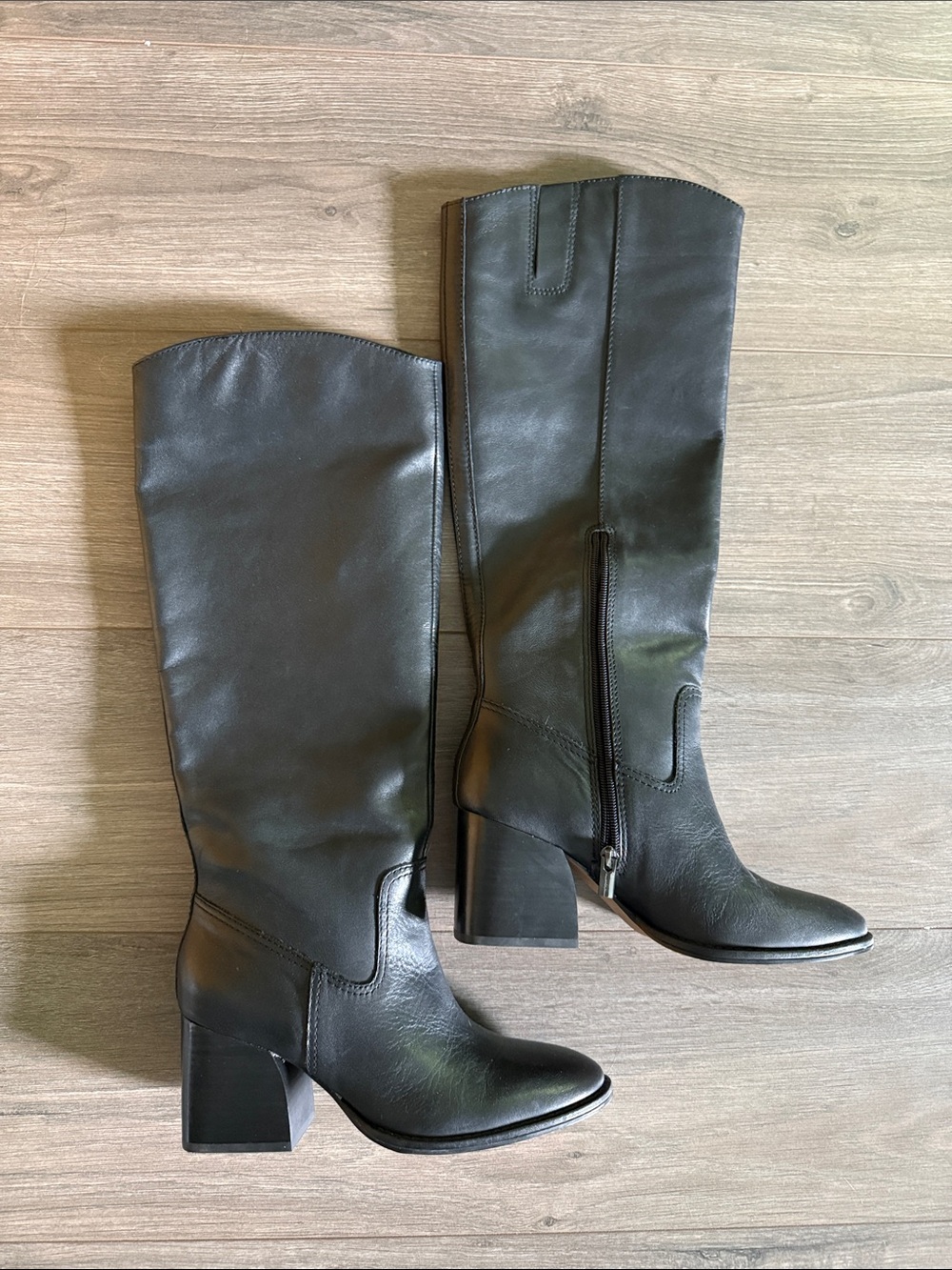 Vince Camuto Black Leather Block-Heel Knee Boots